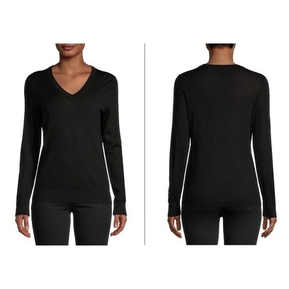 Lord & Taylor Extra Fine Merino V Neck Sweater Black Size Medium - Picture 1 of 14